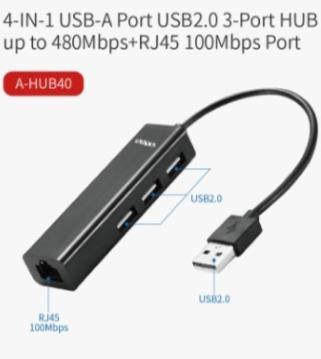 Anúncio: HUB USB SATE A-HUB40 4EN1 USB2.0*3/RJ45 100MBS