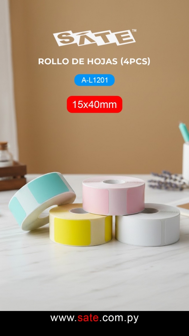 Anúncio: PAPEL DE IMP. TERMICA SATE A-L1201 4UNID COLOR (1X BRANCO,1X AMARELO, 1X AZUL, 1X ROSA. (15*40MM)   PARA IMP - A-L133