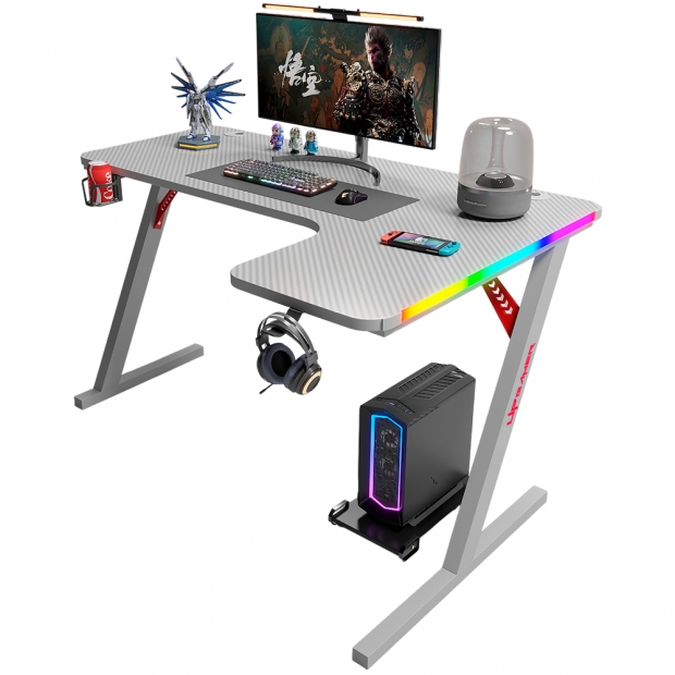 Anúncio: Mesa Gamer UP Gamer UPGP201WT, 1,60m Tampo Textura Fibra de Carbono, Estrutura em Aço, Iluminação RGB, Suporte Copo e Fone, Branco