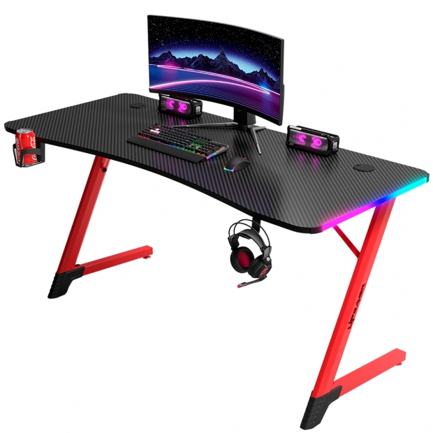 Anúncio: Mesa Gamer UP Gamer UPGD2209, 1,40m Tampo Textura Fibra de Carbono, Estrutura em Aço, Iluminação RGB, Suporte Copo e Fone, Preto e Vermelho